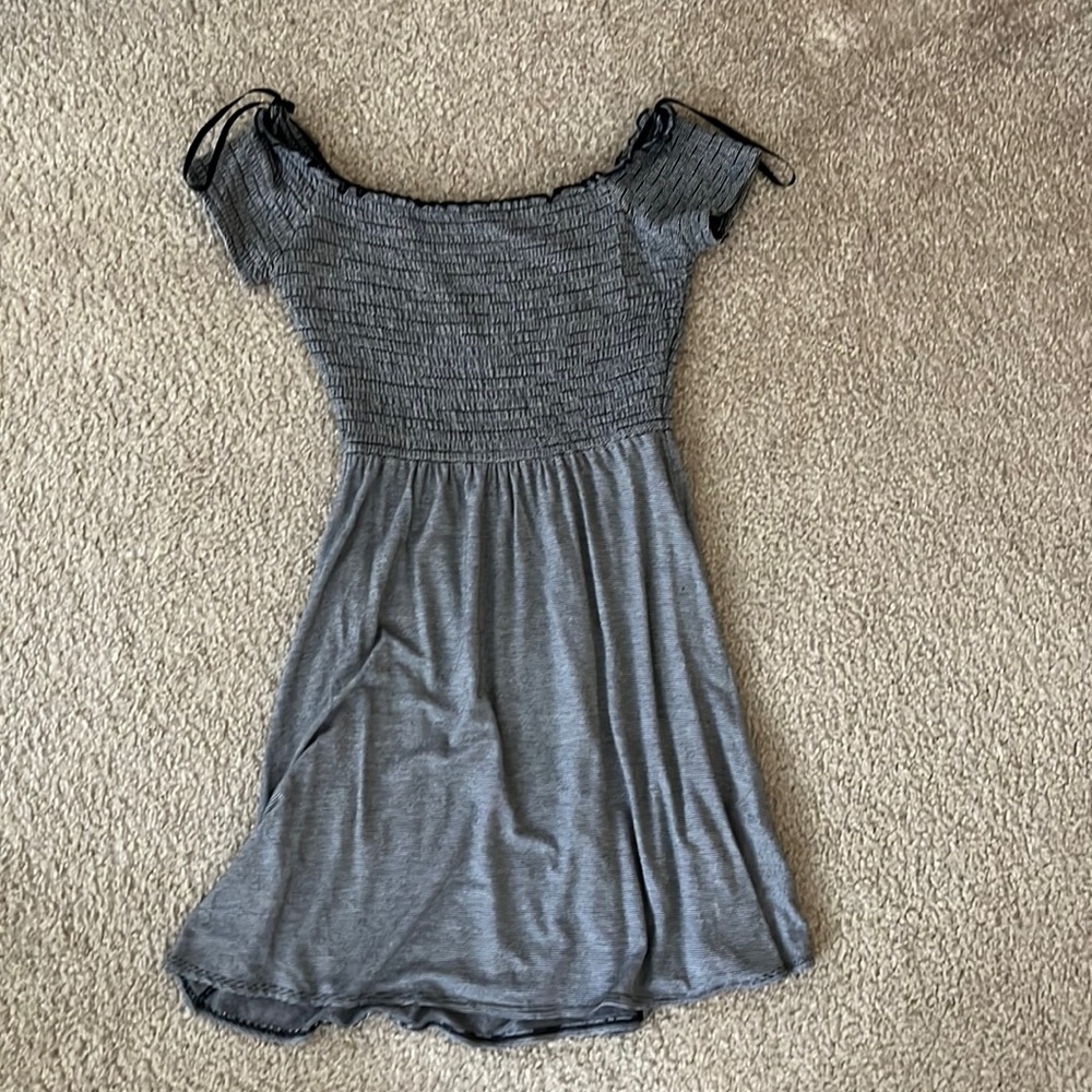 Shirred off shoulder black and white stripe mini dress